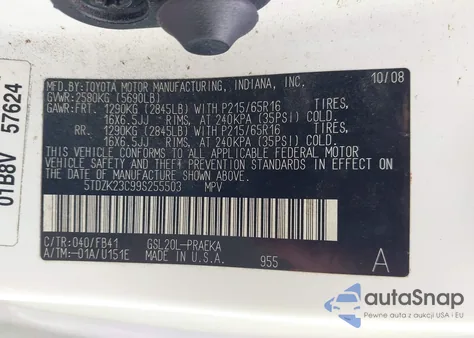 2009 Toyota Sienna Ce z USA, uszkodzony, nr VIN 5TDZK23C99S255503